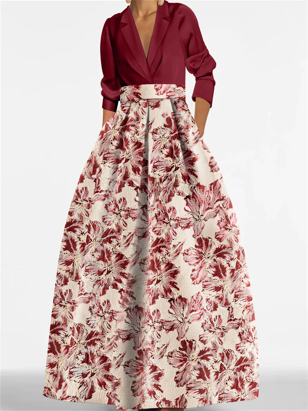 A-Line Floral Print Dress with Shirt Collar and 3/4 Sleeves – Elegant Mother of the Bride & Groom Gown 9