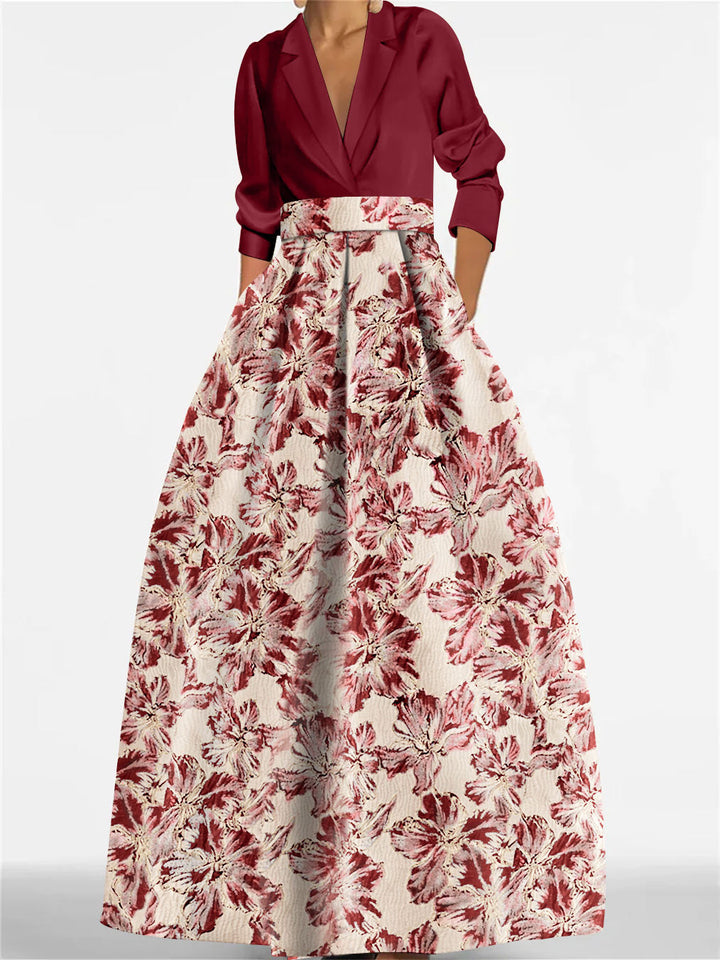 A-Line Floral Print Dress with Shirt Collar and 3/4 Sleeves – Elegant Mother of the Bride & Groom Gown 9