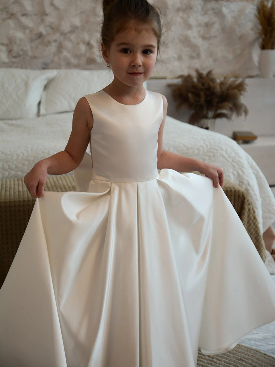 A-Line flower girl dress featuring delicate appliques and a pearl bow, designed in a sleeveless satin style, perfect for weddings and formal events. 0