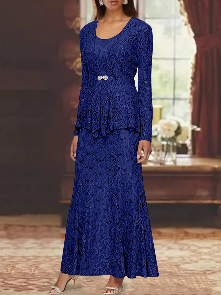 A-Line lace mother of the bride dress with jacket, featuring elegant ankle-length design and long sleeves, perfect for formal occasions. 15