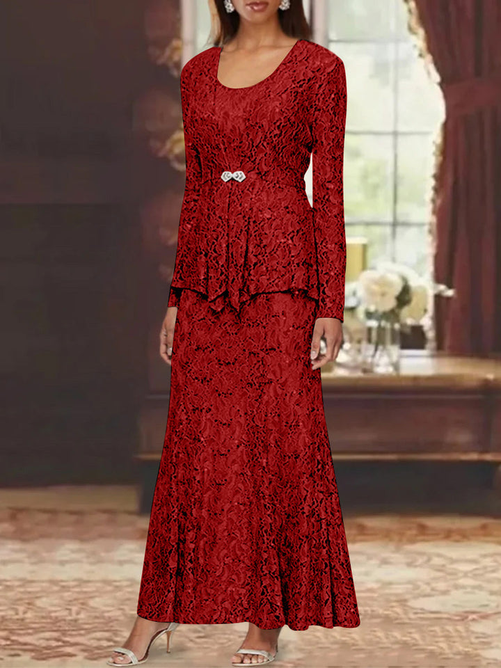 A-Line lace mother of the bride dress with jacket, featuring elegant ankle-length design and long sleeves, perfect for formal occasions. 31