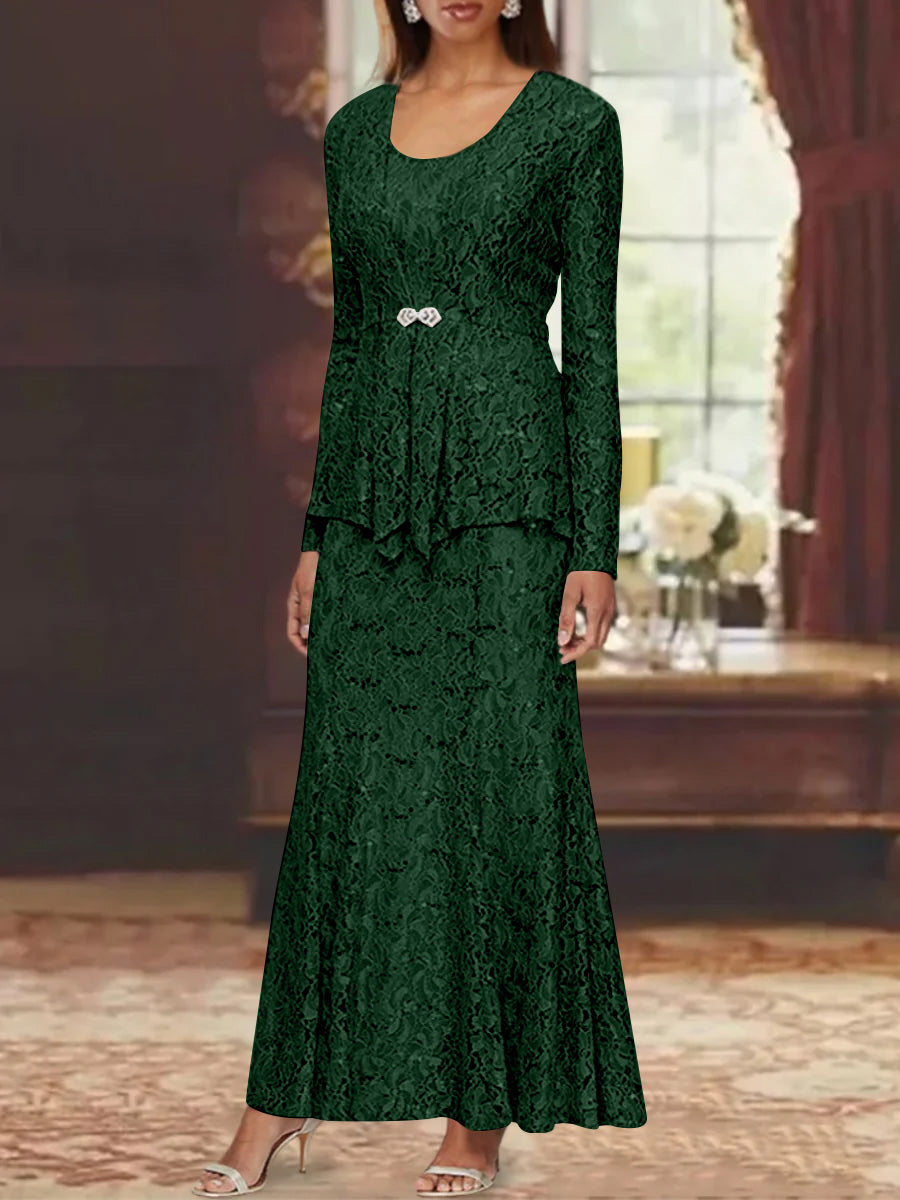 A-Line lace mother of the bride dress with jacket, featuring elegant ankle-length design and long sleeves, perfect for formal occasions. 40