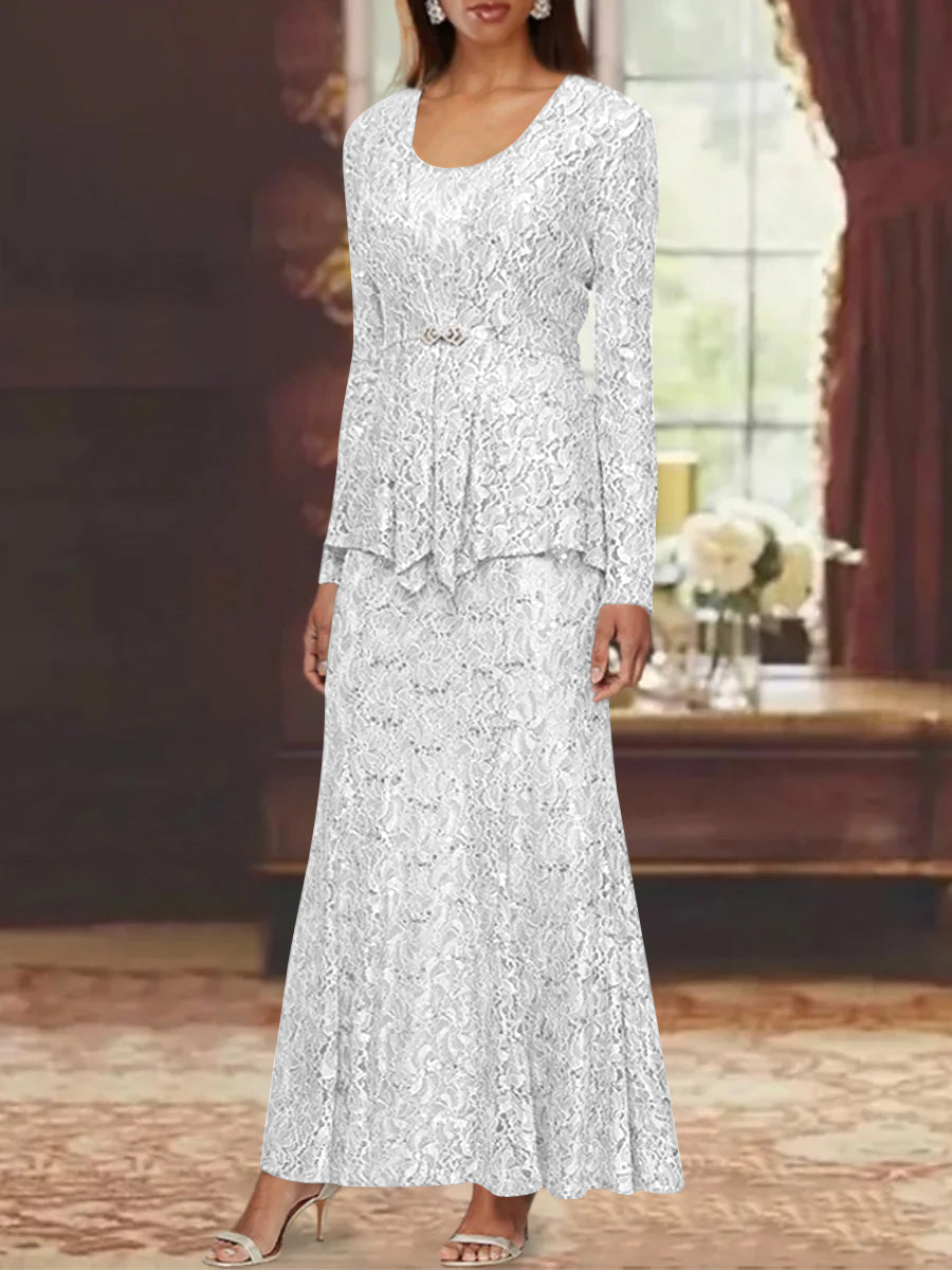 A-Line lace mother of the bride dress with jacket, featuring elegant ankle-length design and long sleeves, perfect for formal occasions. 44