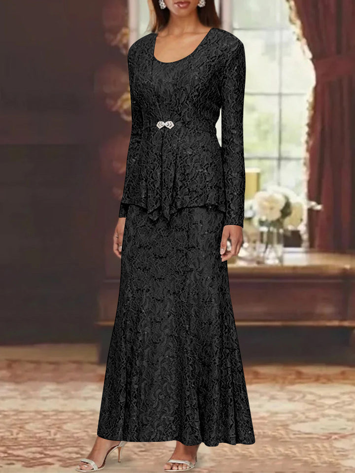 A-Line lace mother of the bride dress with jacket, featuring elegant ankle-length design and long sleeves, perfect for formal occasions. 7