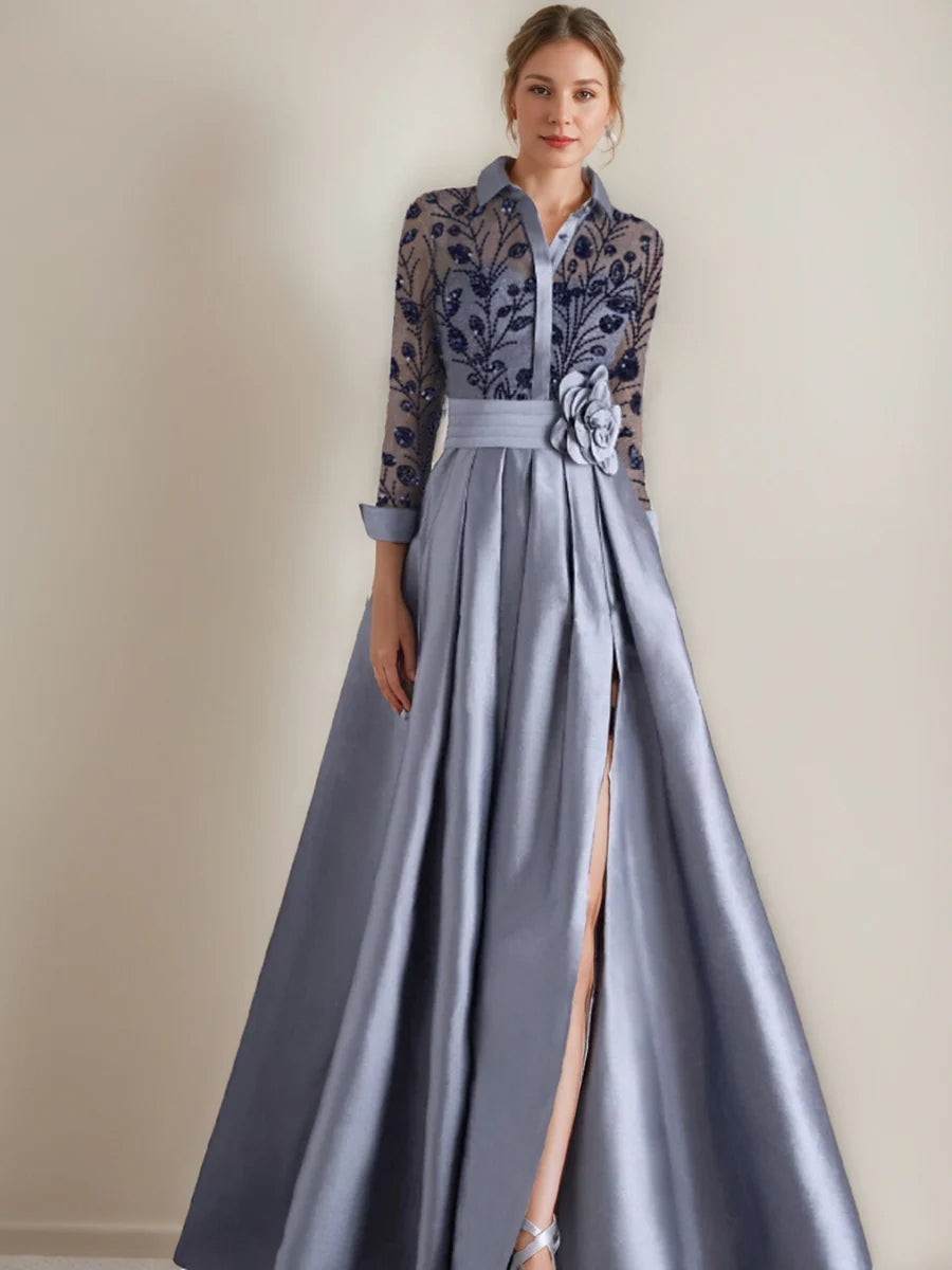 A-Line Mother of the Bride Dress in elegant dusty blue satin, featuring intricate appliques and a beautiful flower belt, designed for a stunning floor-length look 0