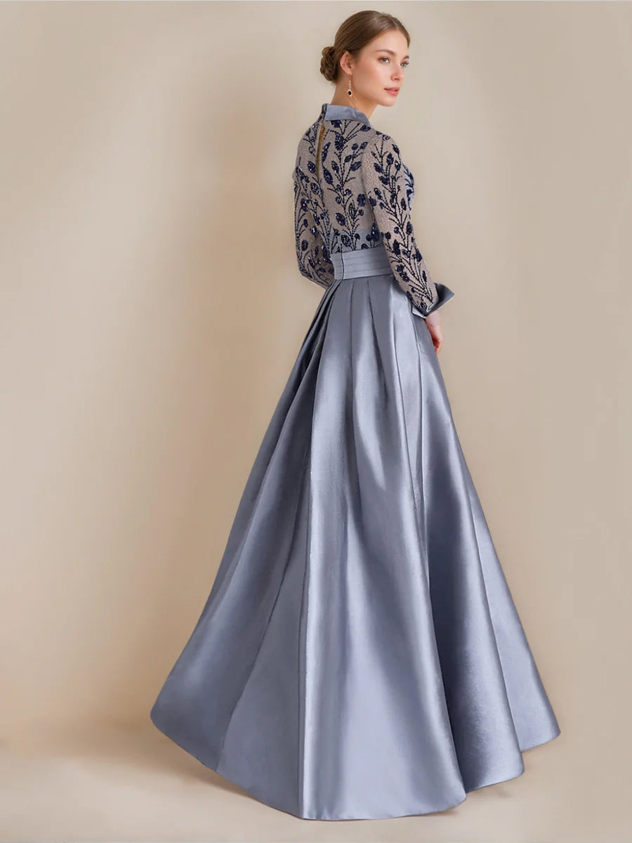 A-Line Mother of the Bride Dress in elegant dusty blue satin, featuring intricate appliques and a beautiful flower belt, designed for a stunning floor-length look 1