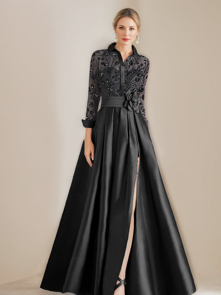 A-Line Mother of the Bride Dress in elegant dusty blue satin, featuring intricate appliques and a beautiful flower belt, designed for a stunning floor-length look 2