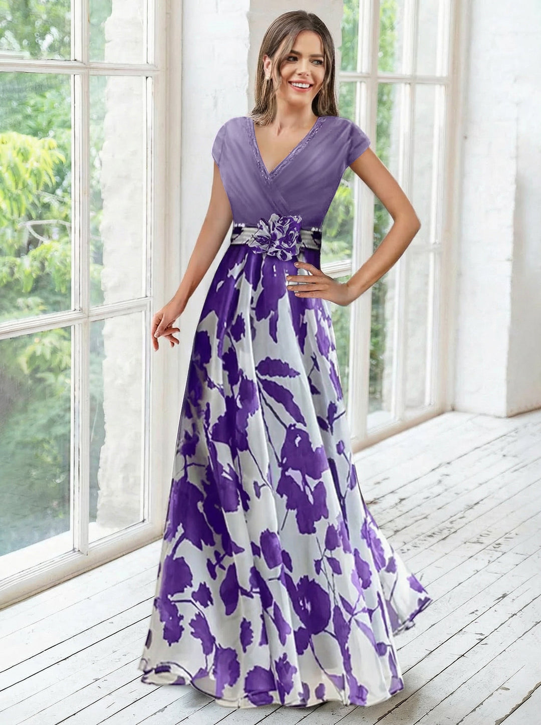 Elegant navy A-line mother of the bride dress featuring floral embellishments and a flattering V-neck design, perfect for special occasions. 12