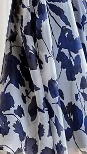 Elegant navy A-line mother of the bride dress featuring floral embellishments and a flattering V-neck design, perfect for special occasions. 2
