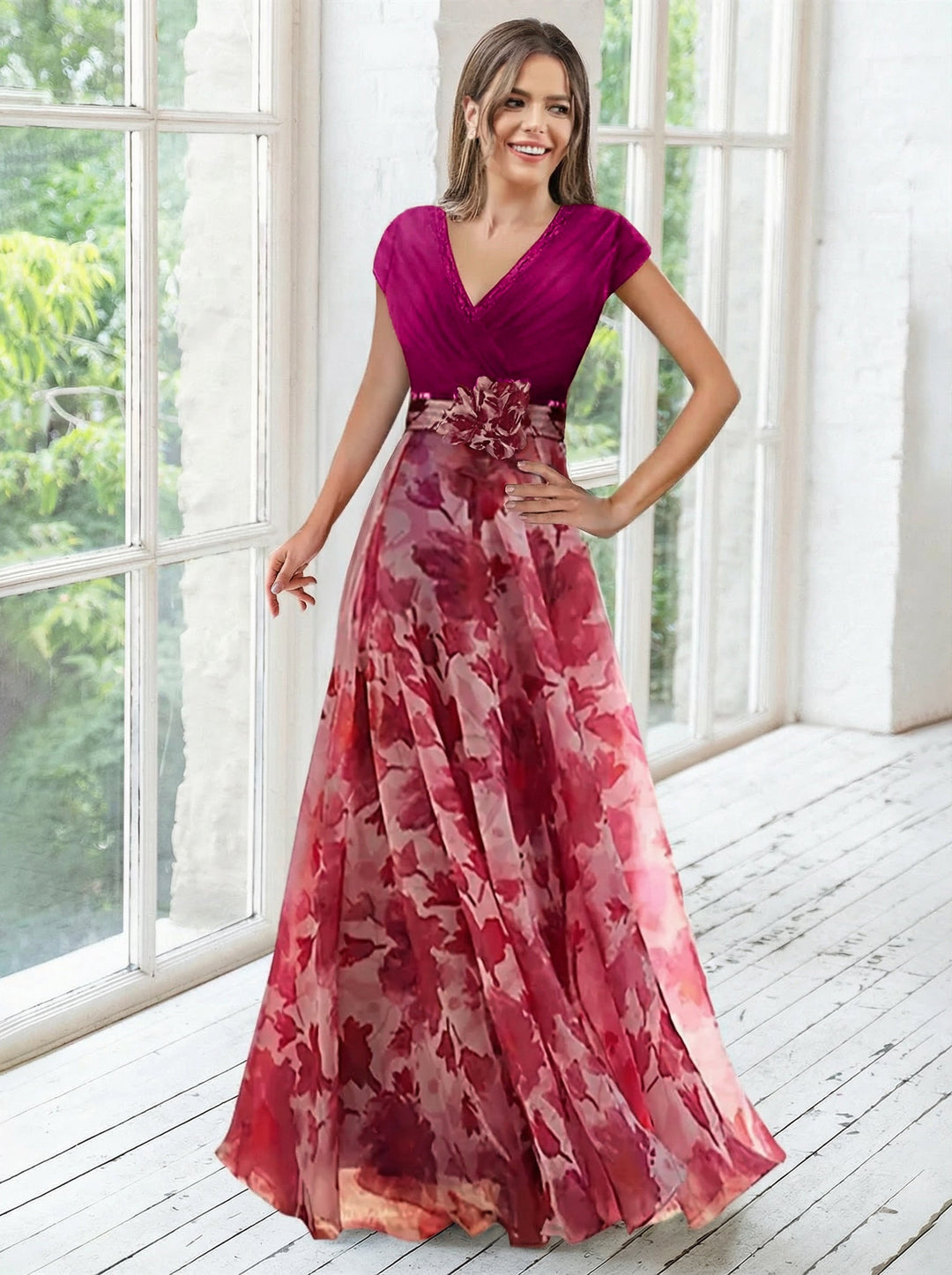Elegant navy A-line mother of the bride dress featuring floral embellishments and a flattering V-neck design, perfect for special occasions. 4