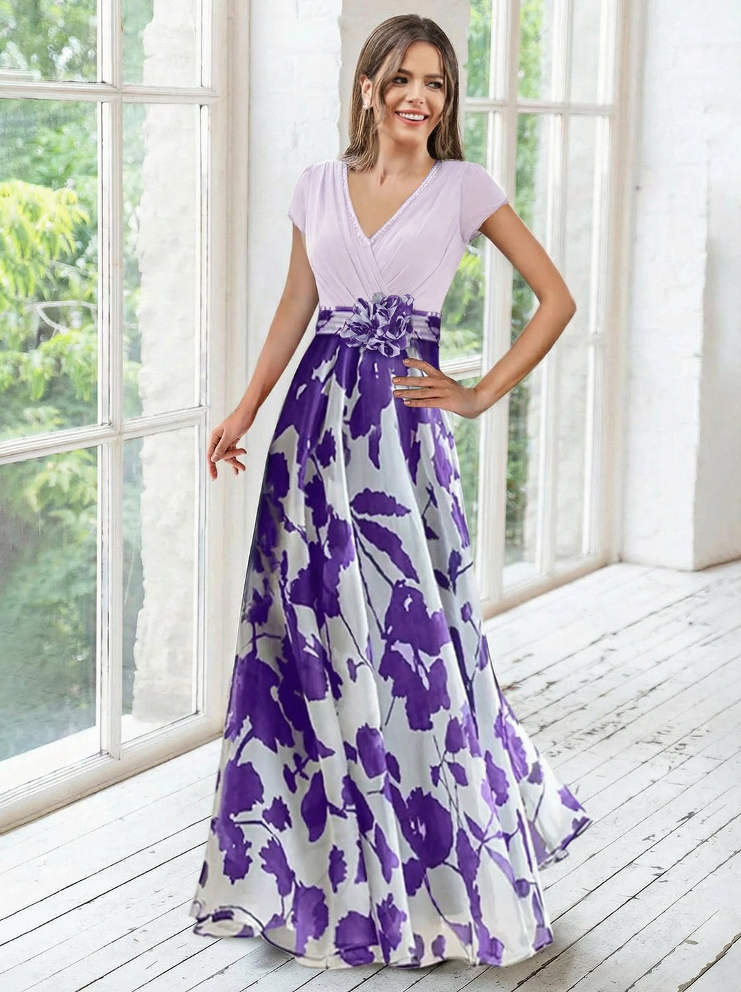 Elegant navy A-line mother of the bride dress featuring floral embellishments and a flattering V-neck design, perfect for special occasions. 7