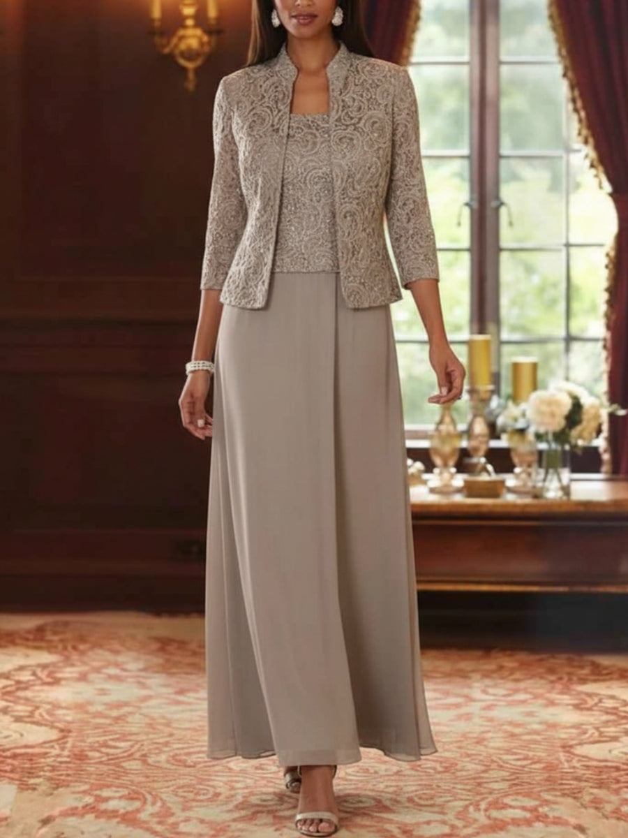 A-Line Mother of the Bride Dress in Taupe with Lace Jacket, Elegant Ankle-Length Chiffon Design 0