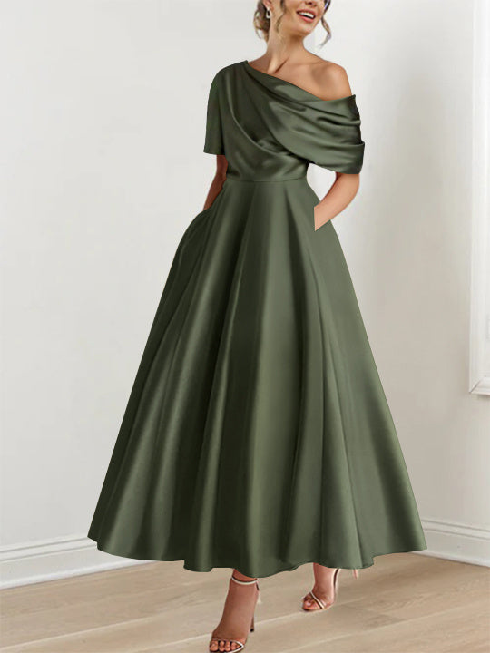 A-Line Mother of the Bride Dress with One-Shoulder Neckline and Ruffles – Silk Satin Ankle-Length Gown 0
