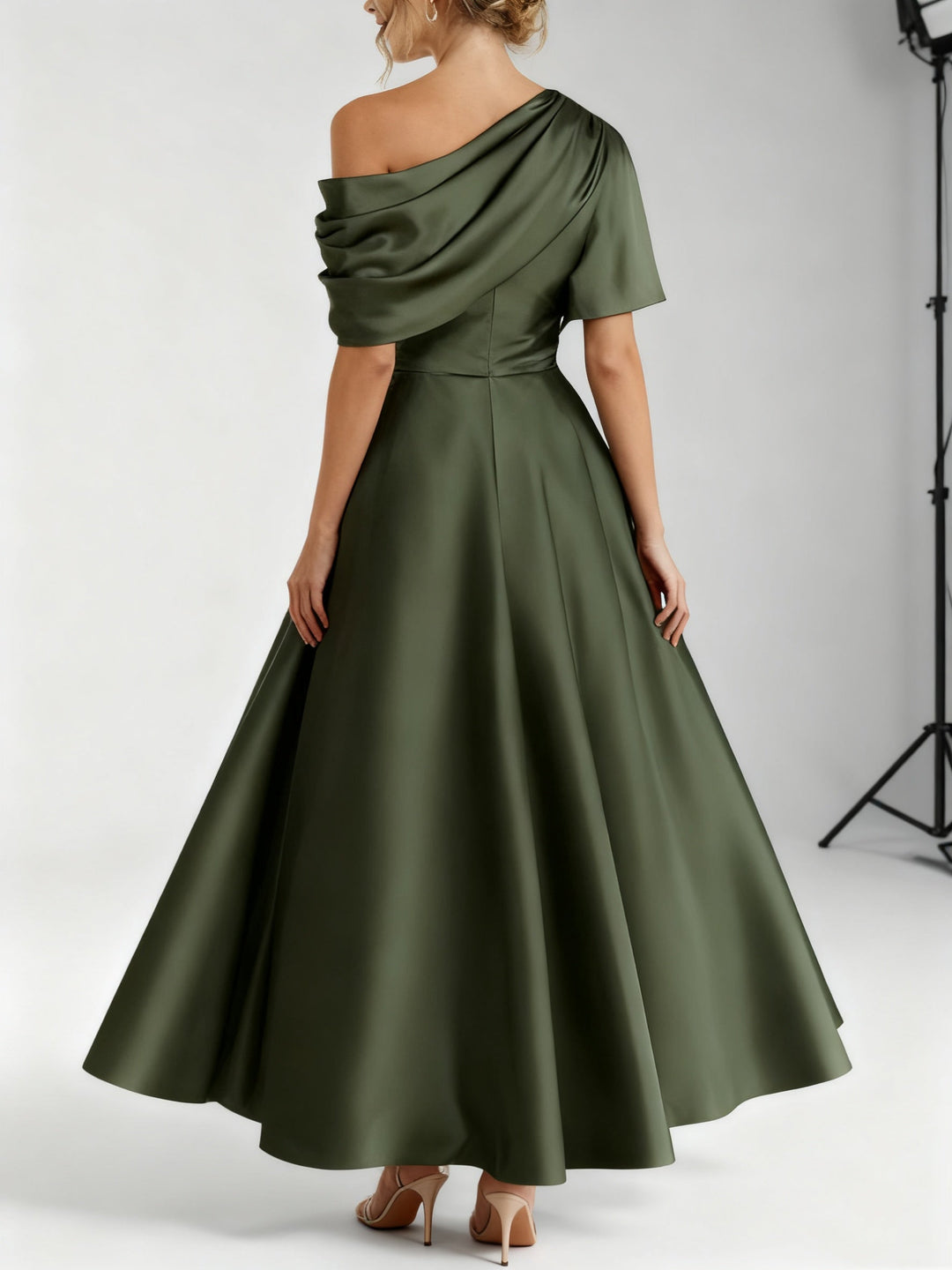 A-Line Mother of the Bride Dress with One-Shoulder Neckline and Ruffles – Silk Satin Ankle-Length Gown 1
