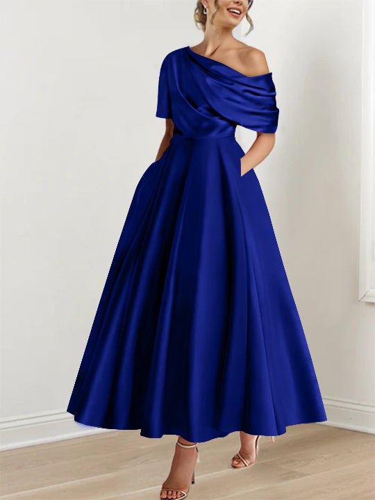 A-Line Mother of the Bride Dress with One-Shoulder Neckline and Ruffles – Silk Satin Ankle-Length Gown 14