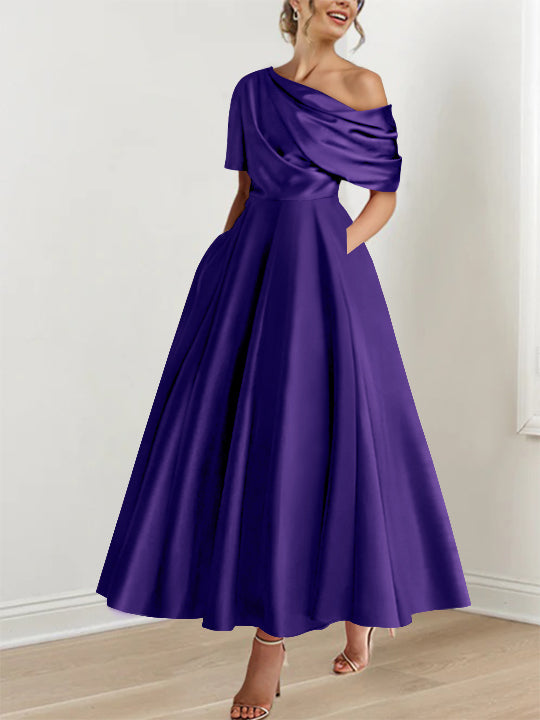 A-Line Mother of the Bride Dress with One-Shoulder Neckline and Ruffles – Silk Satin Ankle-Length Gown 19