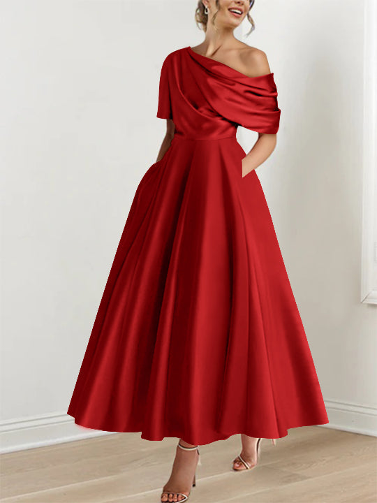 A-Line Mother of the Bride Dress with One-Shoulder Neckline and Ruffles – Silk Satin Ankle-Length Gown 34