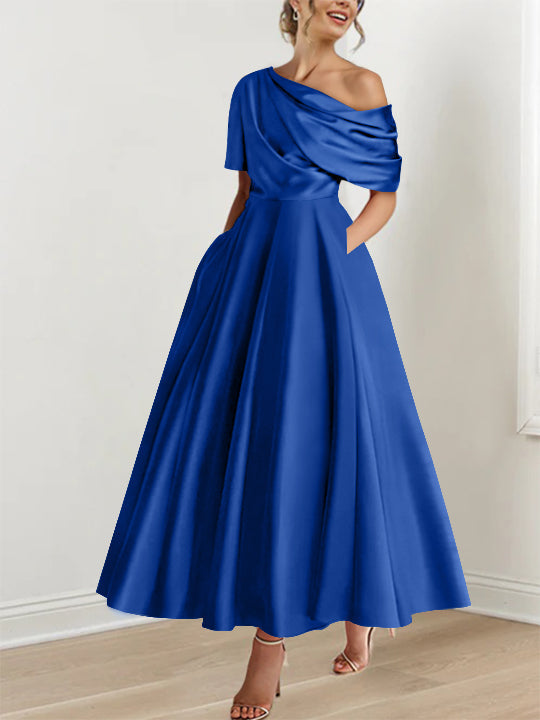 A-Line Mother of the Bride Dress with One-Shoulder Neckline and Ruffles – Silk Satin Ankle-Length Gown 37