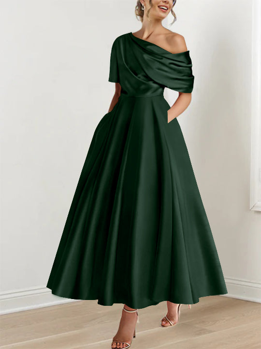 A-Line Mother of the Bride Dress with One-Shoulder Neckline and Ruffles – Silk Satin Ankle-Length Gown 45