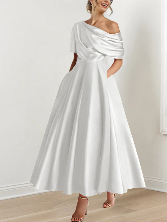 A-Line Mother of the Bride Dress with One-Shoulder Neckline and Ruffles – Silk Satin Ankle-Length Gown 49