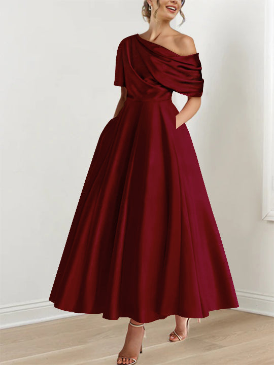 A-Line Mother of the Bride Dress with One-Shoulder Neckline and Ruffles – Silk Satin Ankle-Length Gown 8
