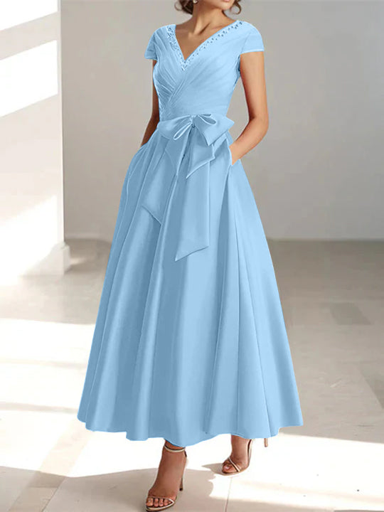 A-Line Mother of the Bride Dress with Ruffles and Pockets – Elegant Light Blue Satin Ankle-Length V-Neck 0