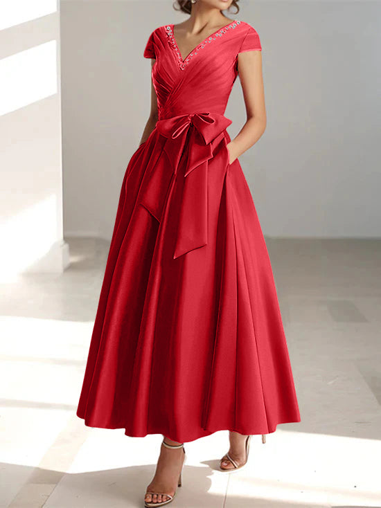 A-Line Mother of the Bride Dress with Ruffles and Pockets – Elegant Light Blue Satin Ankle-Length V-Neck 13