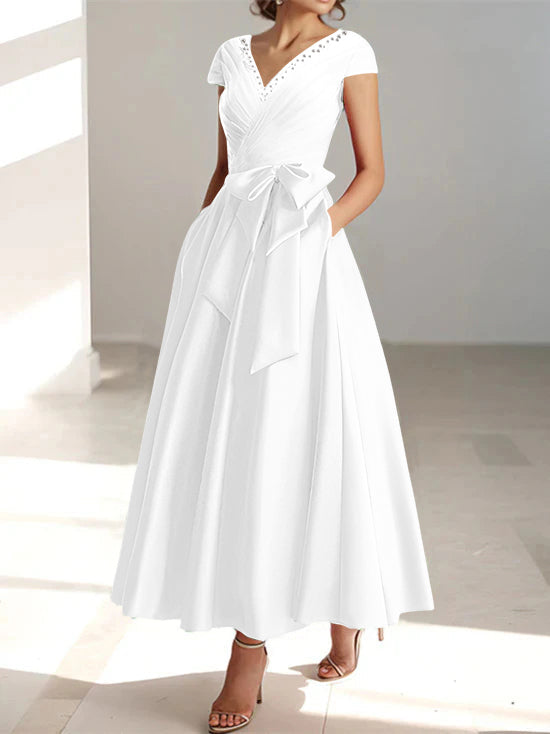 A-Line Mother of the Bride Dress with Ruffles and Pockets – Elegant Light Blue Satin Ankle-Length V-Neck 16