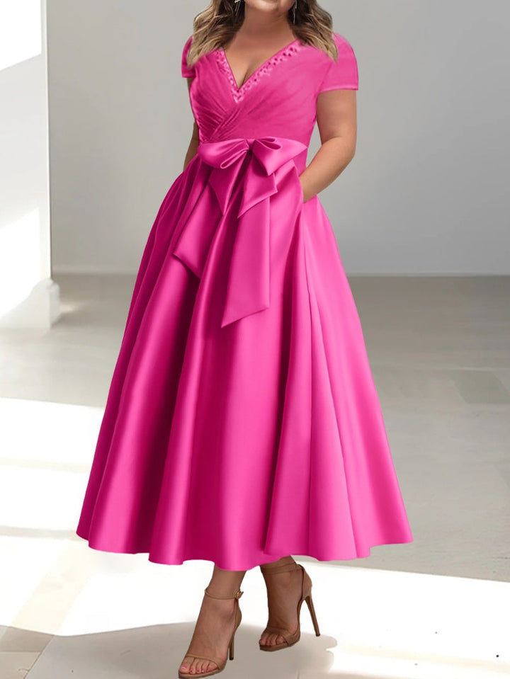 A-Line Mother of the Bride Dress with Ruffles and Pockets – Elegant Light Blue Satin Ankle-Length V-Neck 2