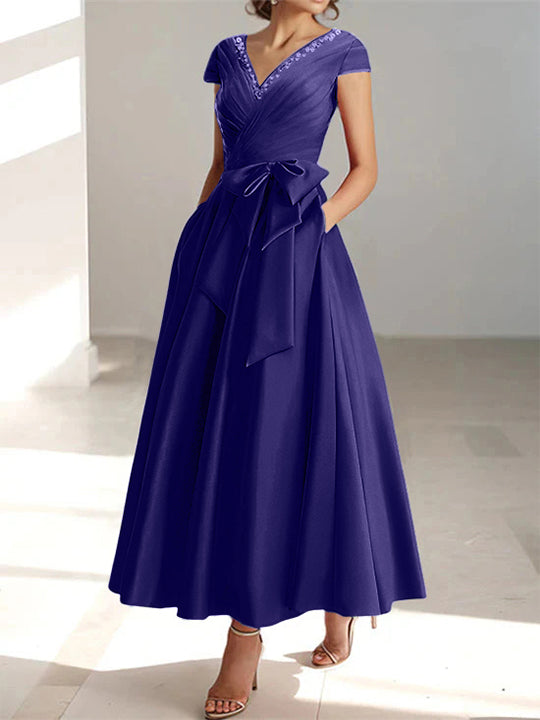 A-Line Mother of the Bride Dress with Ruffles and Pockets – Elegant Light Blue Satin Ankle-Length V-Neck 55