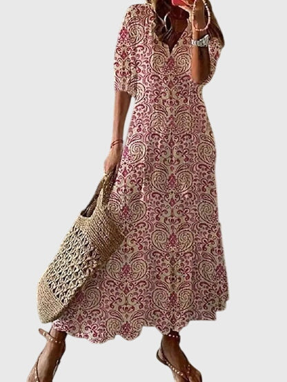 Boho vintage summer dress featuring a flattering V-neckline, lightweight fabric, and versatile design, perfect for casual outings and warm-weather events. 3