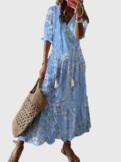 Boho vintage summer dress featuring a flattering V-neckline, lightweight fabric, and versatile design, perfect for casual outings and warm-weather events. 4