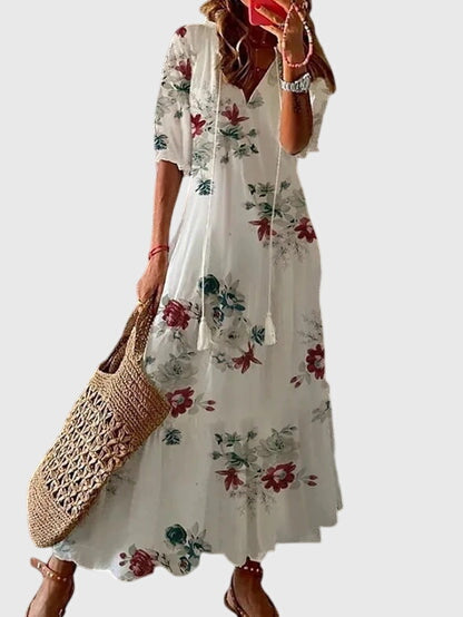 Boho vintage summer dress featuring a flattering V-neckline, lightweight fabric, and versatile design, perfect for casual outings and warm-weather events. 5