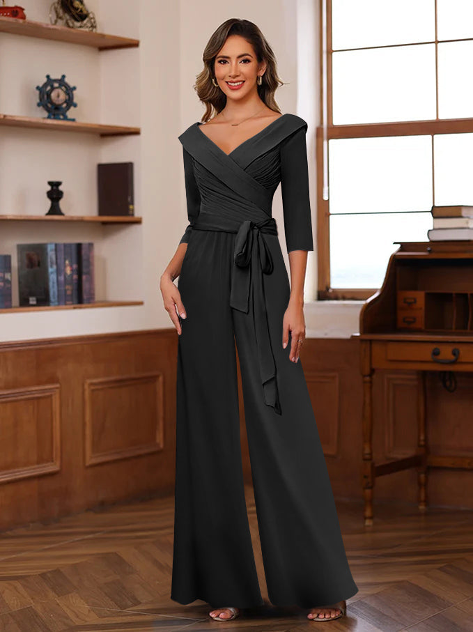 Chiffon jumpsuit in dusty rose featuring ruched 3/4 sleeves and a flattering V-neck design, ankle-length perfect for stylish occasions. 4