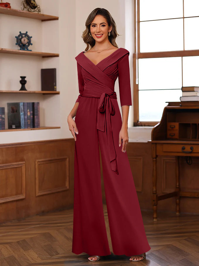 Chiffon jumpsuit in dusty rose featuring ruched 3/4 sleeves and a flattering V-neck design, ankle-length perfect for stylish occasions. 8