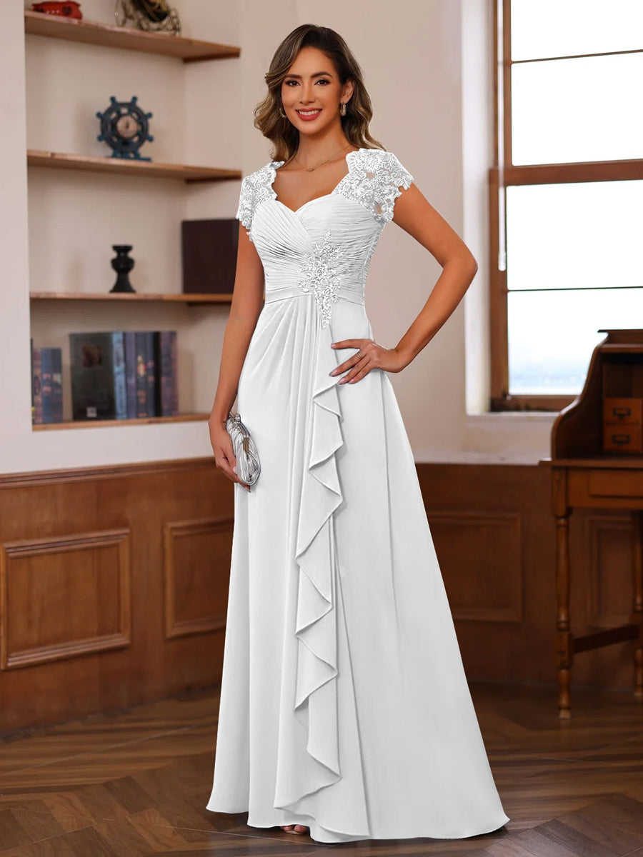 Chiffon Mother of the Bride Dress with V-Neck and Appliques – Elegant A-Line Floor-Length Gown in Petal 26