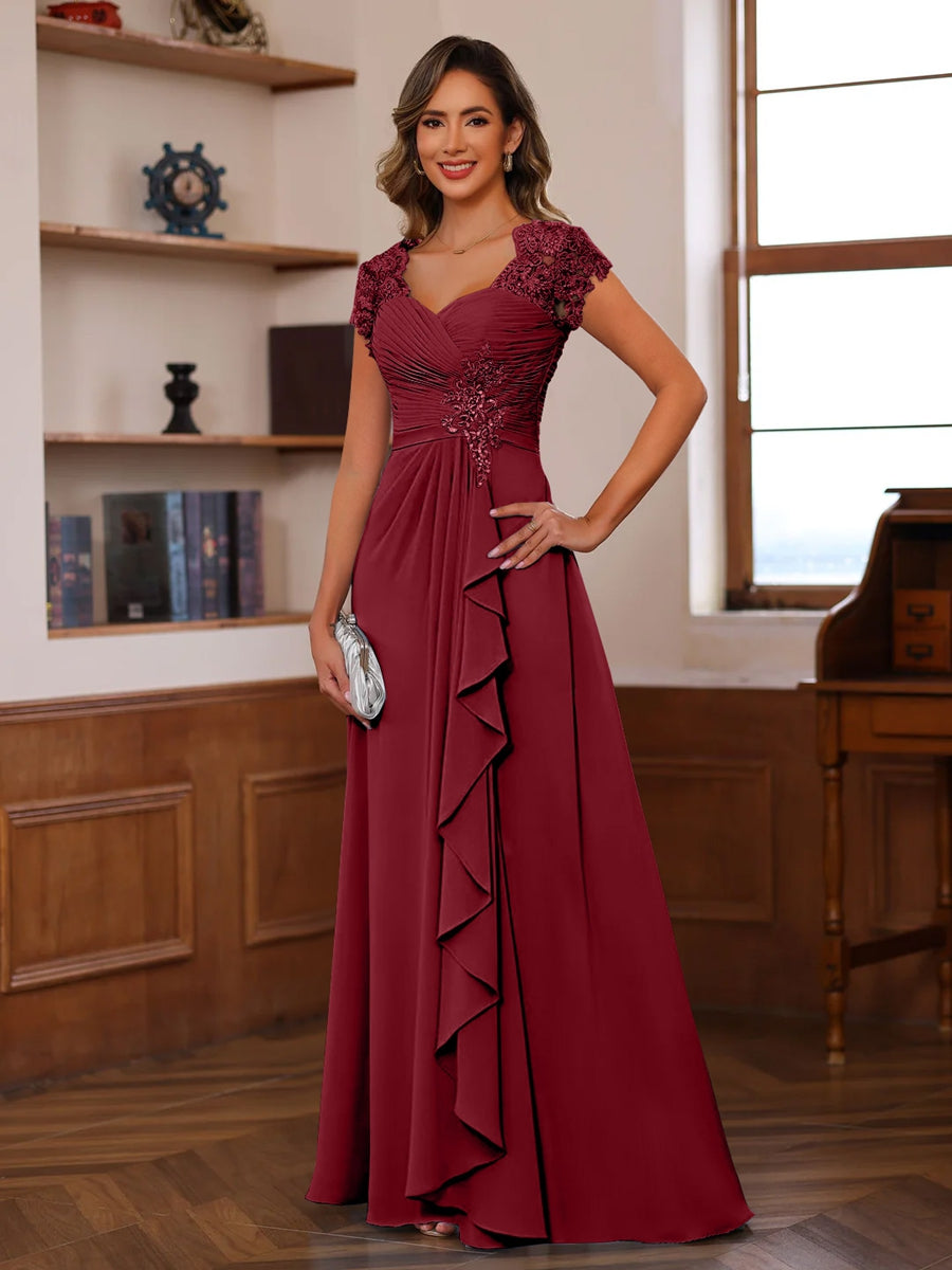 Chiffon Mother of the Bride Dress with V-Neck and Appliques – Elegant A-Line Floor-Length Gown in Petal 4
