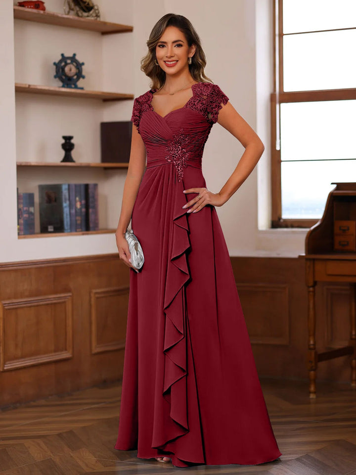 Chiffon Mother of the Bride Dress with V-Neck and Appliques – Elegant A-Line Floor-Length Gown in Petal 4