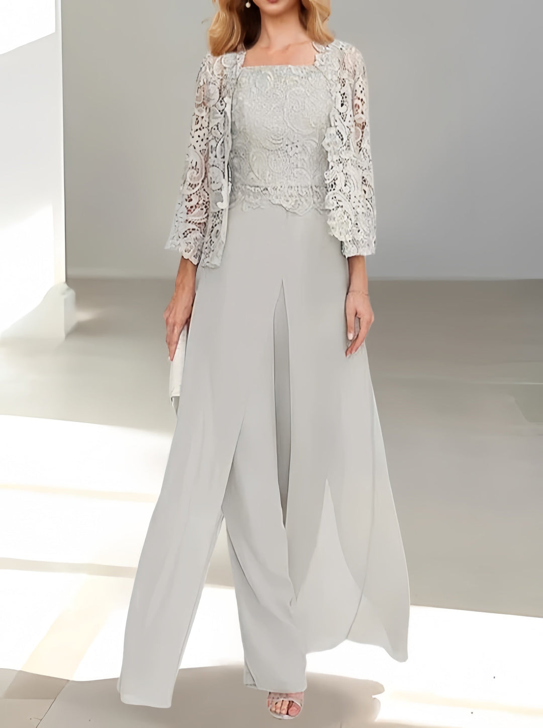 Chiffon Mother of the Bride Pantsuit with Jacket and Split Side – Silver Gray Elegant Trouser Suit for Wedding 0
