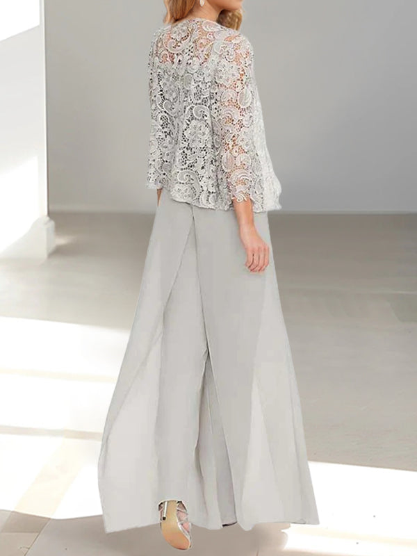 Chiffon Mother of the Bride Pantsuit with Jacket and Split Side – Silver Gray Elegant Trouser Suit for Wedding 1