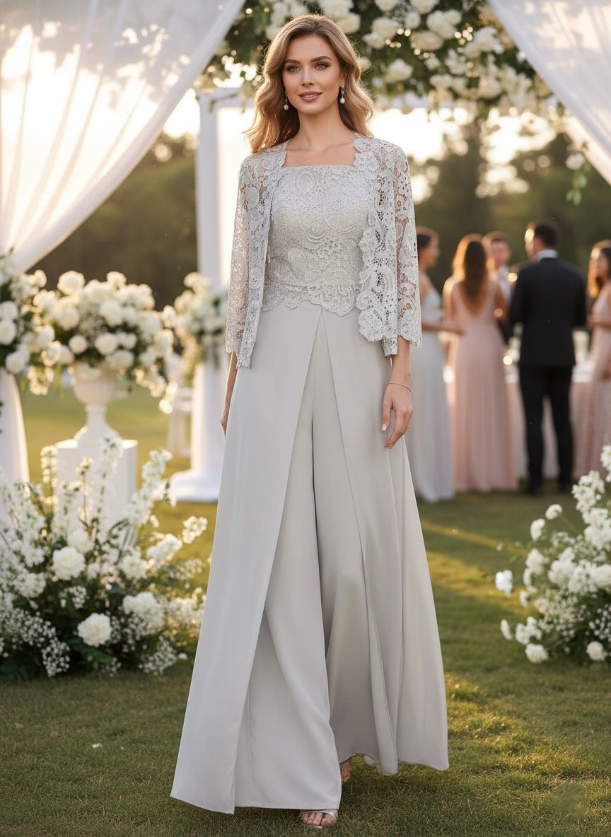 Chiffon Mother of the Bride Pantsuit with Jacket and Split Side – Silver Gray Elegant Trouser Suit for Wedding 2