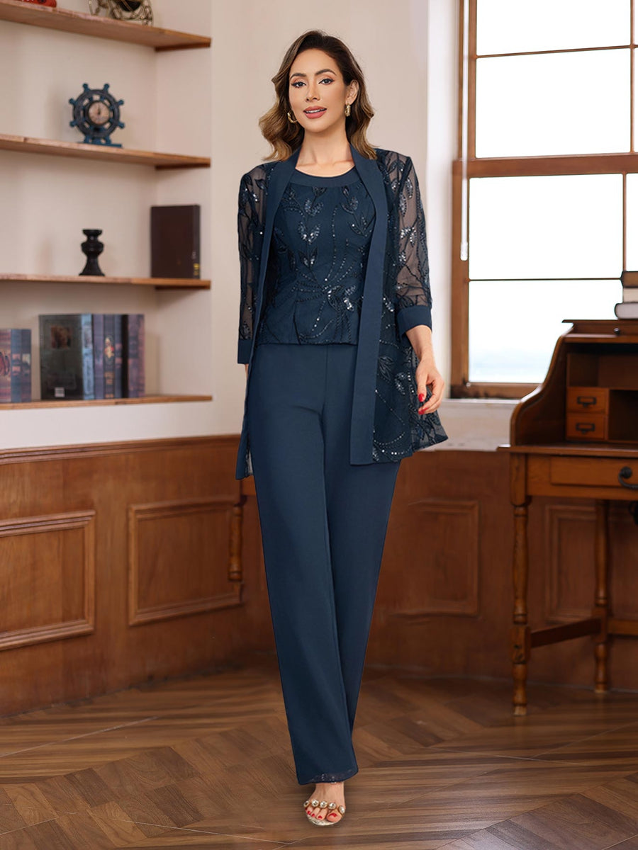 Chiffon floor-length pantsuit for mother of the bride in navy blue, featuring elegant lace and sequin details, designed with a sleeveless silhouette 0
