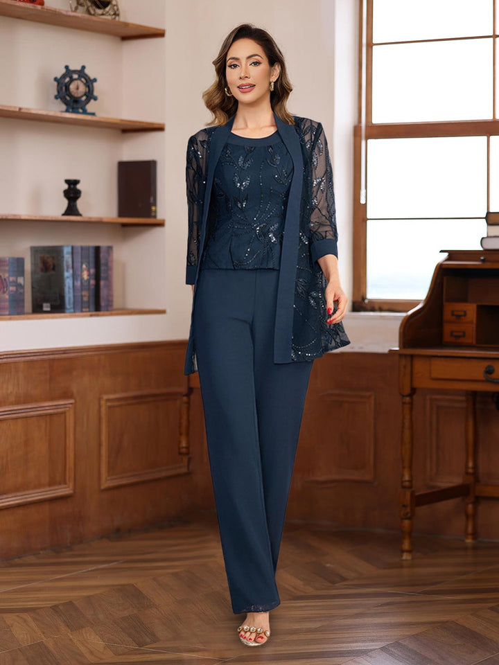 Chiffon floor-length pantsuit for mother of the bride in navy blue, featuring elegant lace and sequin details, designed with a sleeveless silhouette 0