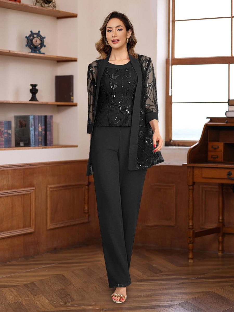 Chiffon floor-length pantsuit for mother of the bride in navy blue, featuring elegant lace and sequin details, designed with a sleeveless silhouette 3