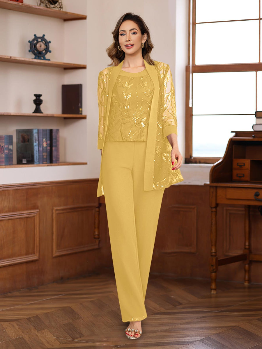 Chiffon floor-length pantsuit for mother of the bride in navy blue, featuring elegant lace and sequin details, designed with a sleeveless silhouette 36