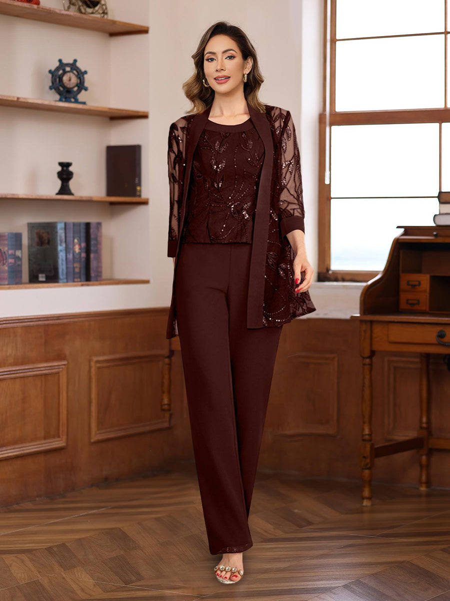 Chiffon floor-length pantsuit for mother of the bride in navy blue, featuring elegant lace and sequin details, designed with a sleeveless silhouette 6