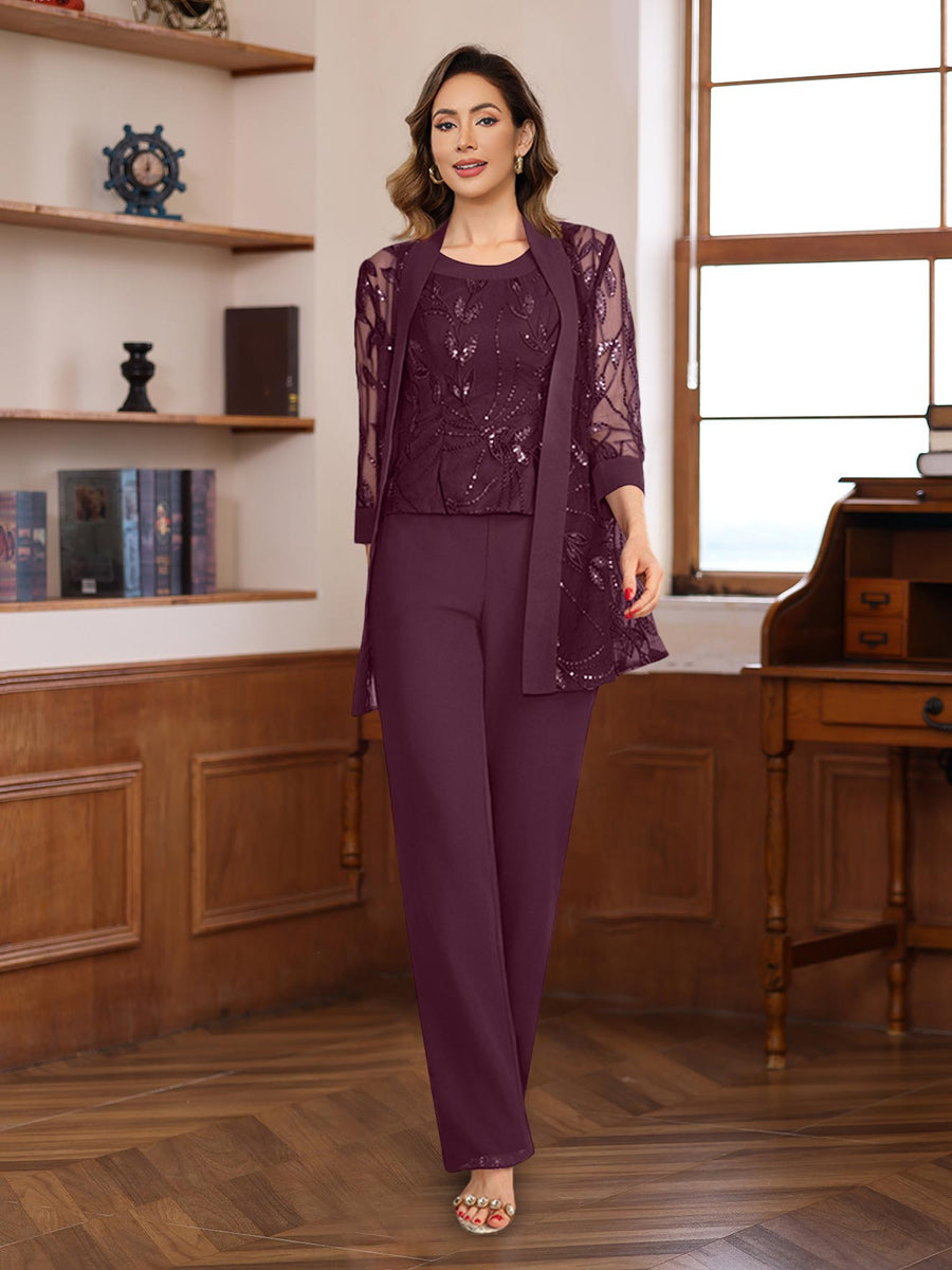 Chiffon floor-length pantsuit for mother of the bride in navy blue, featuring elegant lace and sequin details, designed with a sleeveless silhouette 9