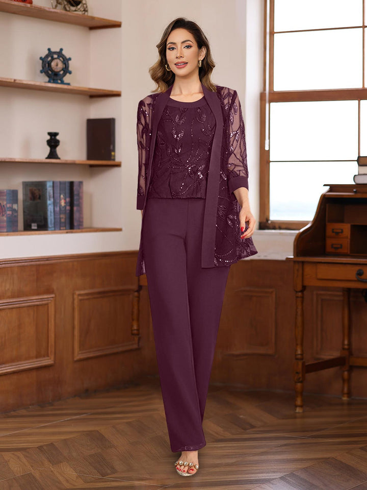 Chiffon floor-length pantsuit for mother of the bride in navy blue, featuring elegant lace and sequin details, designed with a sleeveless silhouette 9