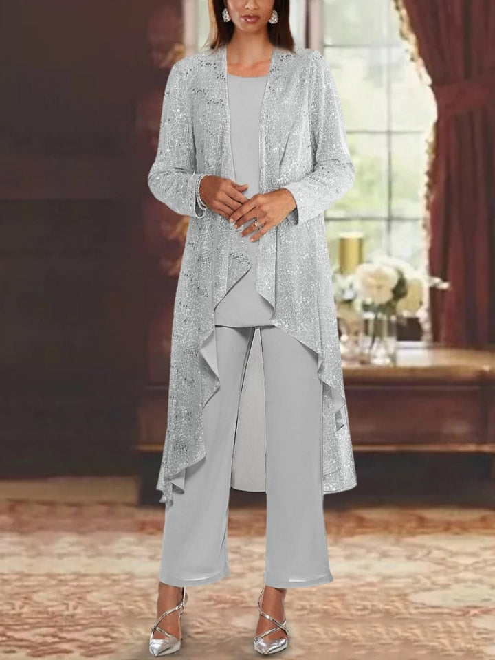 Chiffon pantsuit with sequin embellishments for mother of the bride, featuring a silver scoop neck and ankle-length design. 0