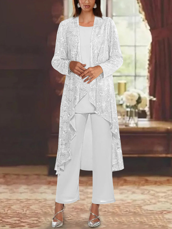 Chiffon pantsuit with sequin embellishments for mother of the bride, featuring a silver scoop neck and ankle-length design. 11